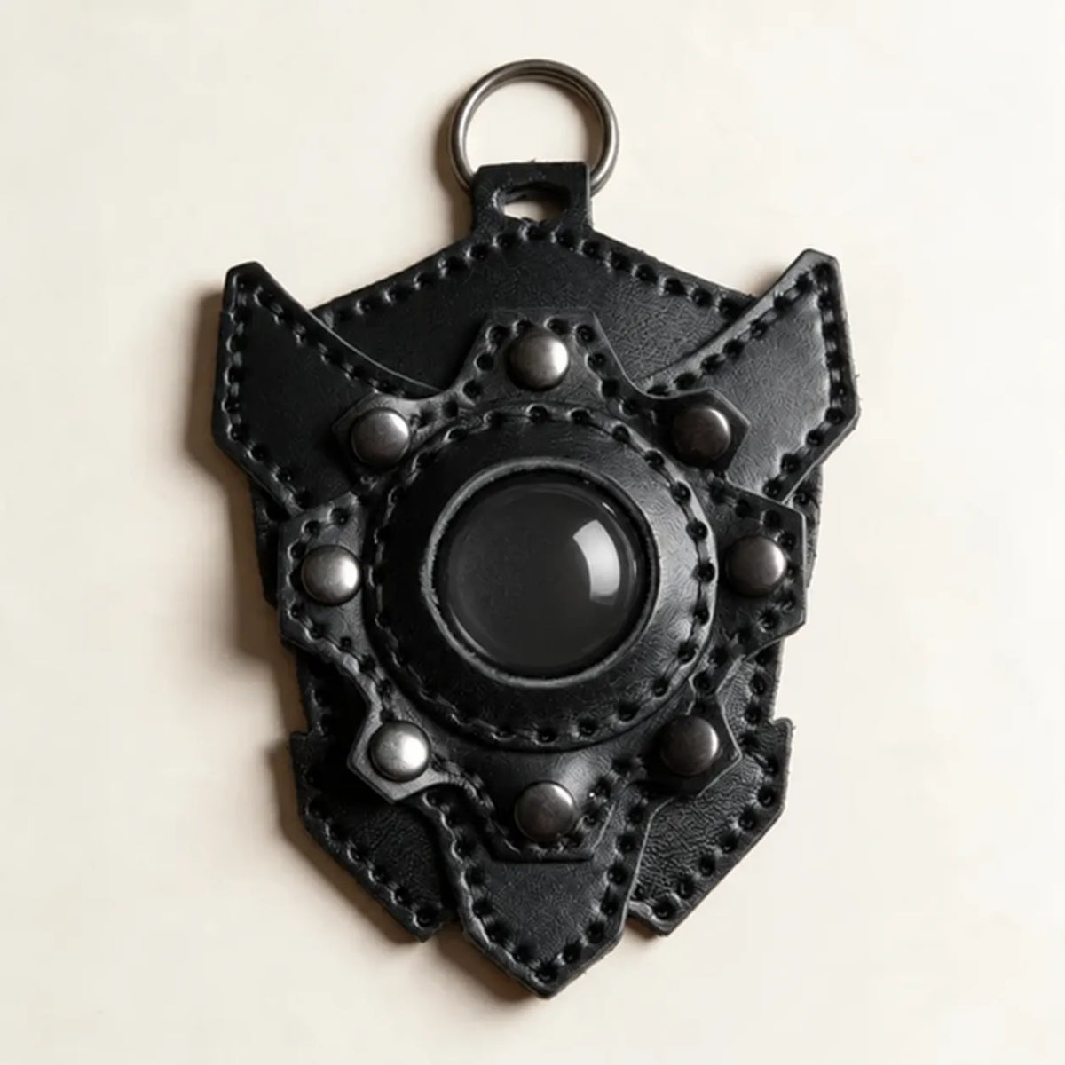 Custom Center Artwork leather shield luggage tag with a blank center dome and complete attachment ring