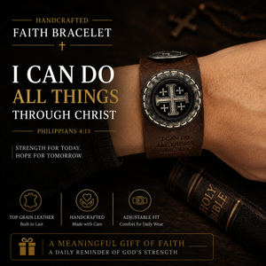 OROCUFF Inspirational Philippians 4:13 Leather Bracelet, Handcrafted Meaningful Bracelet with Cross, Dark Brown