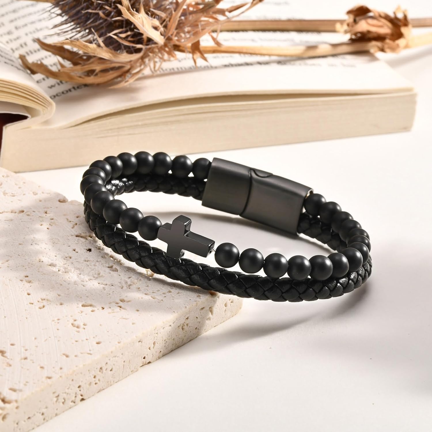 Men¡¯s Leather Beaded Cross Bracelet