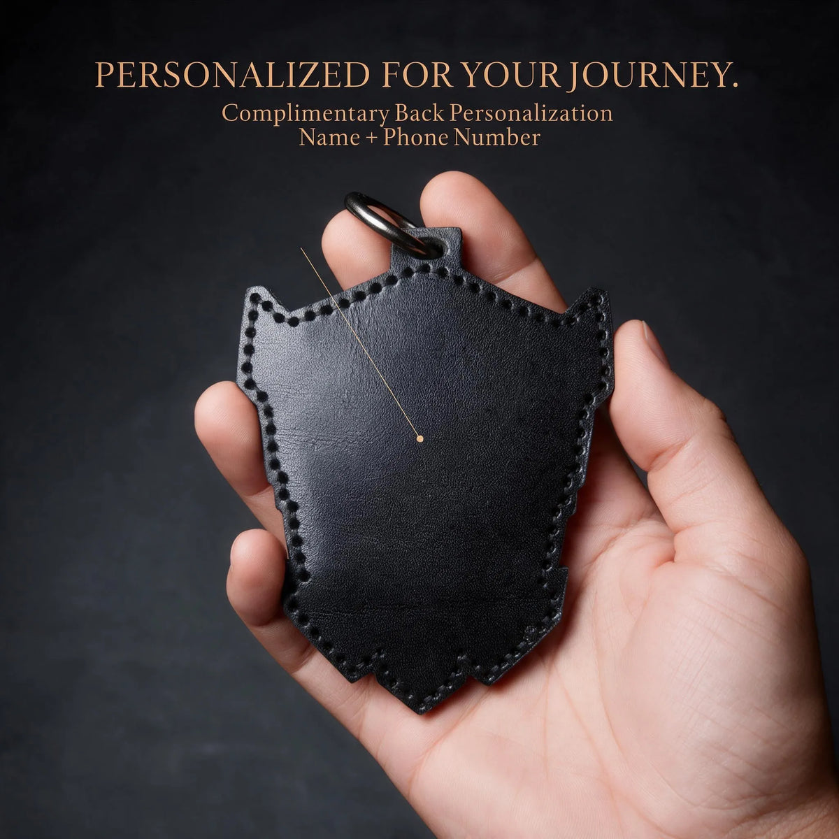 Leather shield luggage tag back with complimentary name and phone number personalization options