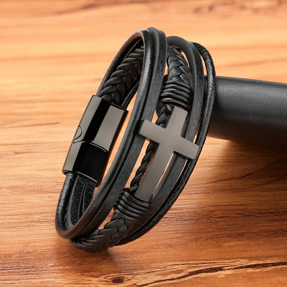 Men¡¯s Woven Leather Cross Bracelet