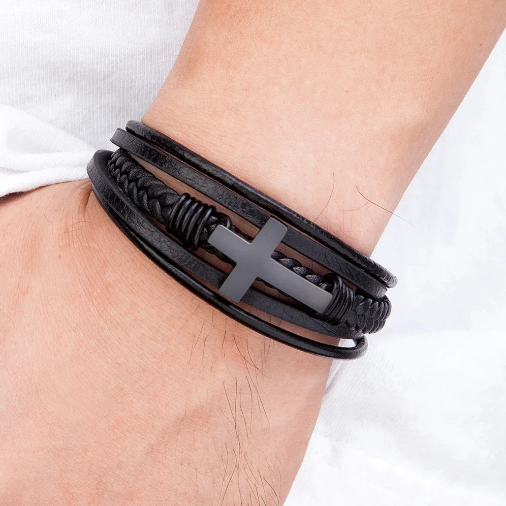 Men¡¯s Woven Leather Cross Bracelet