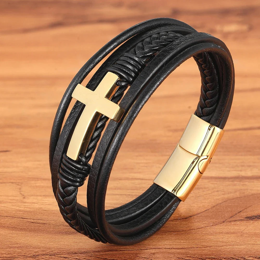 Men¡¯s Woven Leather Cross Bracelet