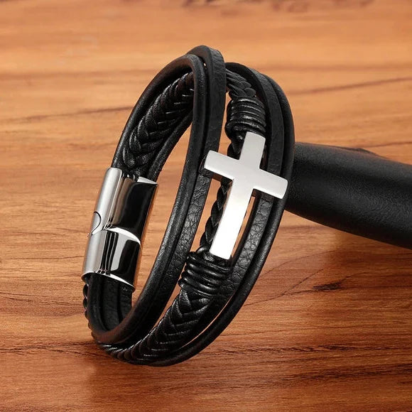 Men¡¯s Woven Leather Cross Bracelet