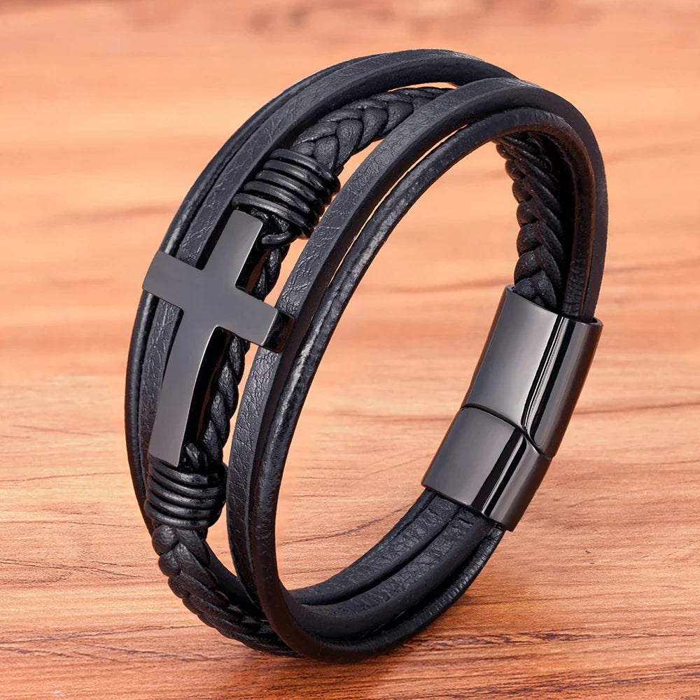 Men¡¯s Woven Leather Cross Bracelet