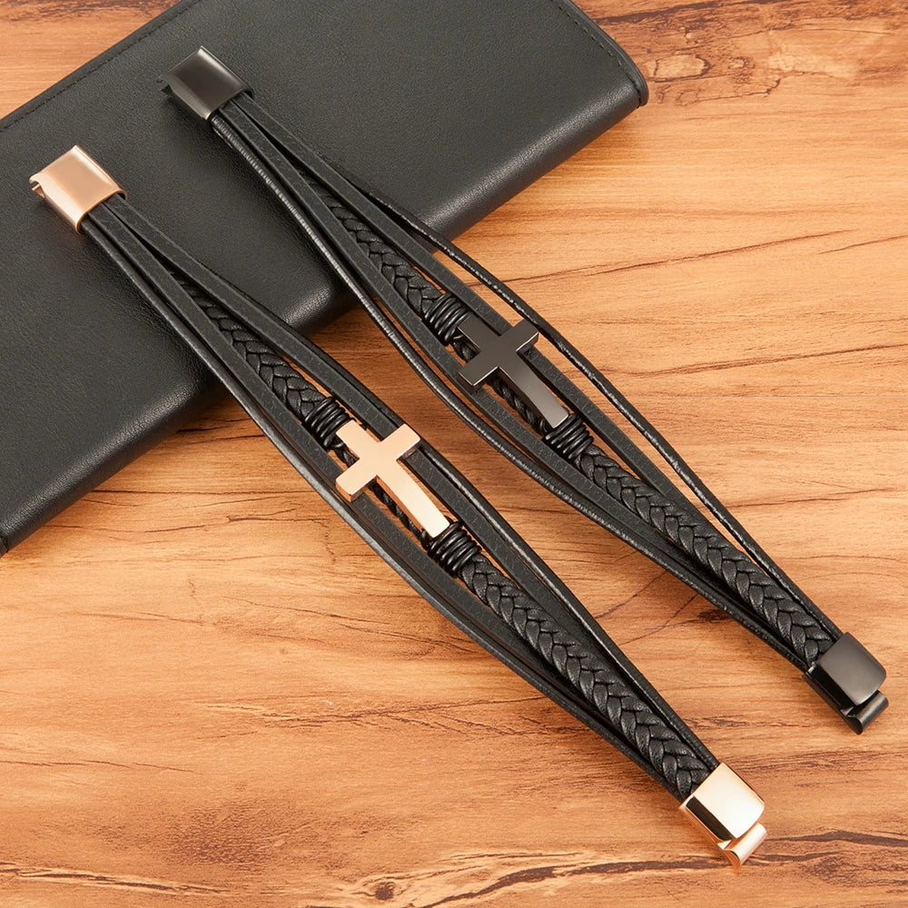 Men¡¯s Woven Leather Cross Bracelet
