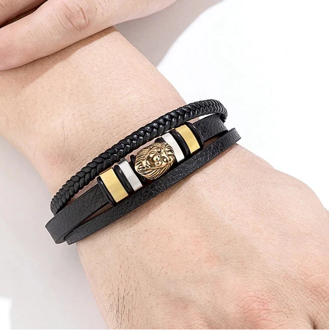 Men¡¯s Braided Leather Lion Bracelet