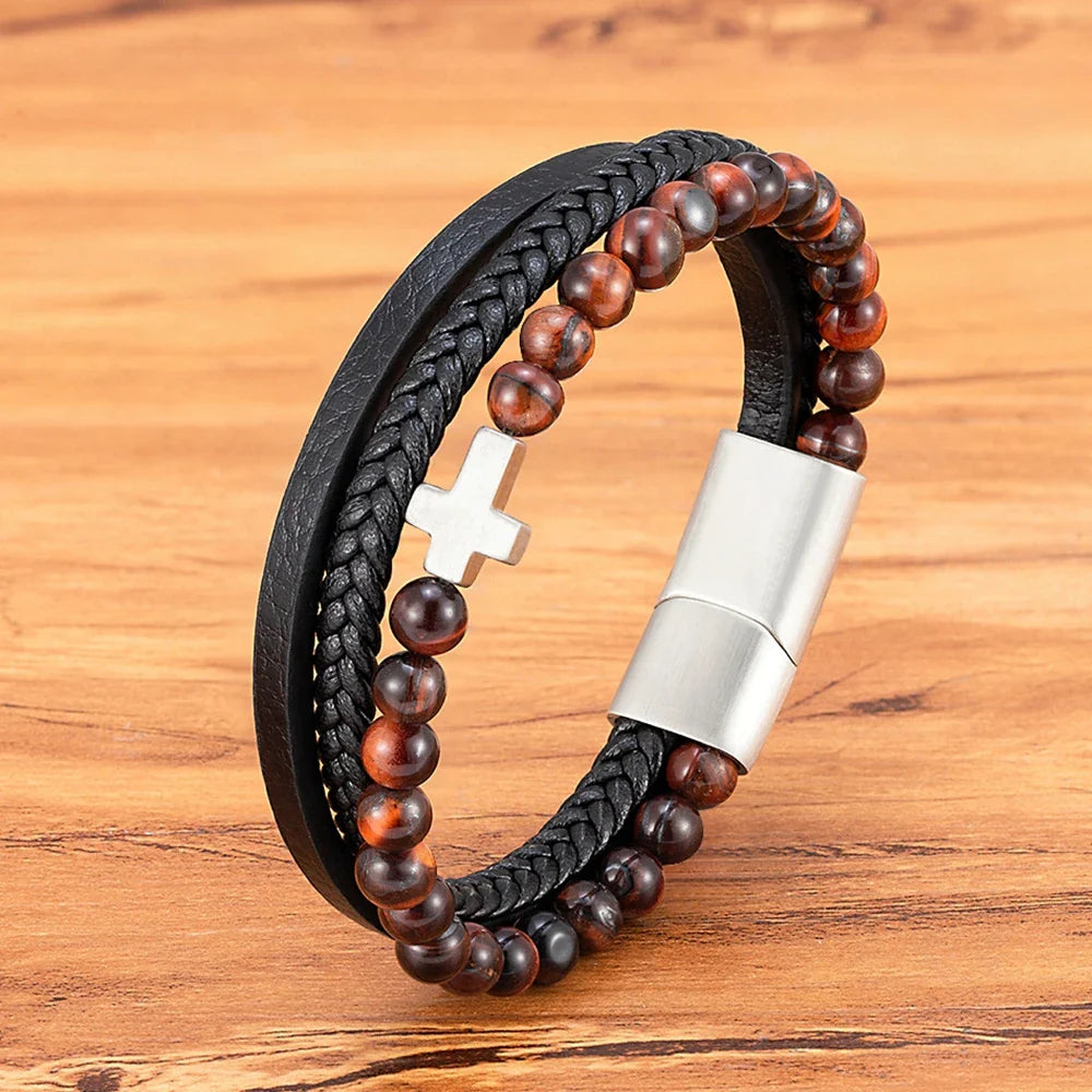 Men¡¯s Leather Beaded Cross Bracelet