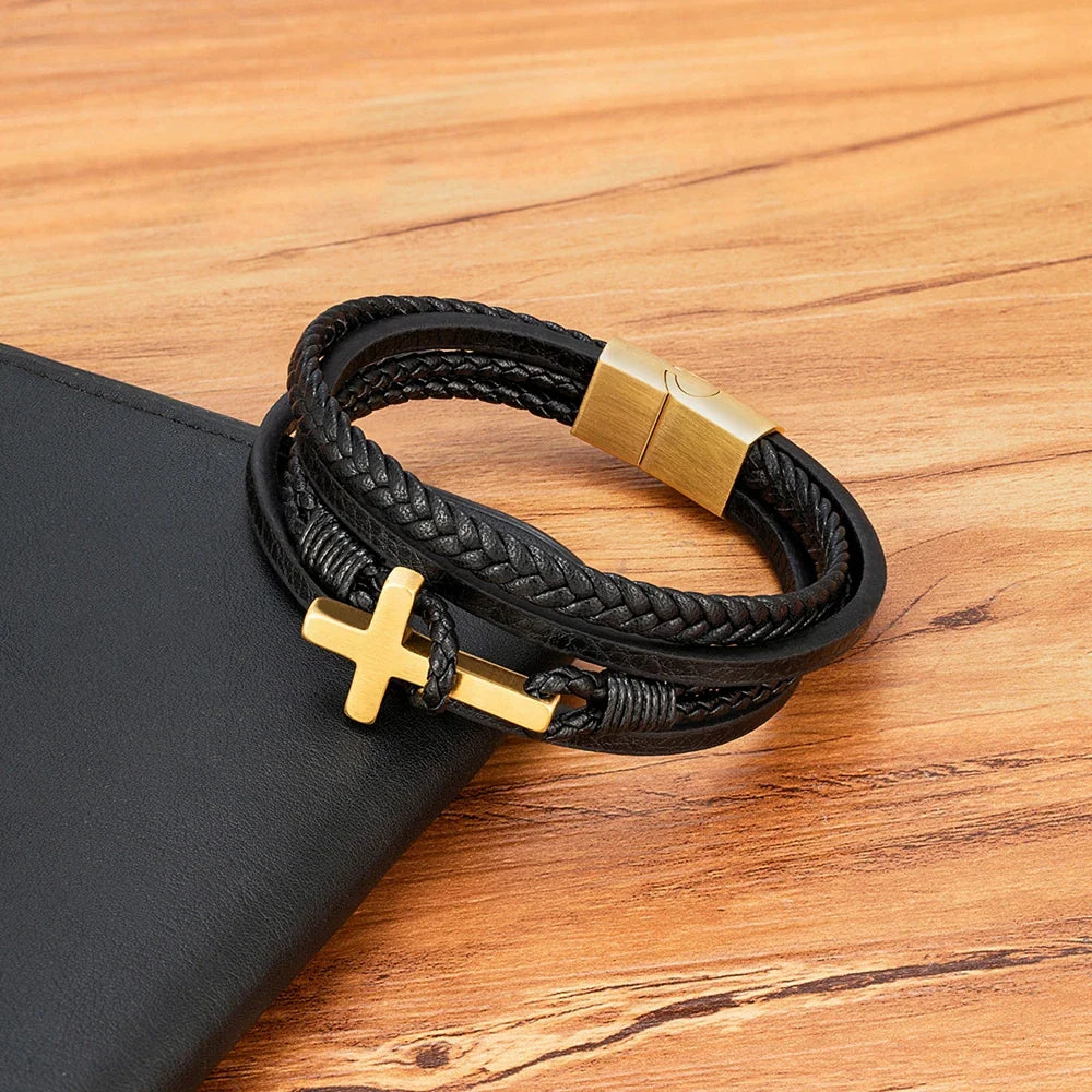 Men¡¯s Braided Leather Cross Bracelet