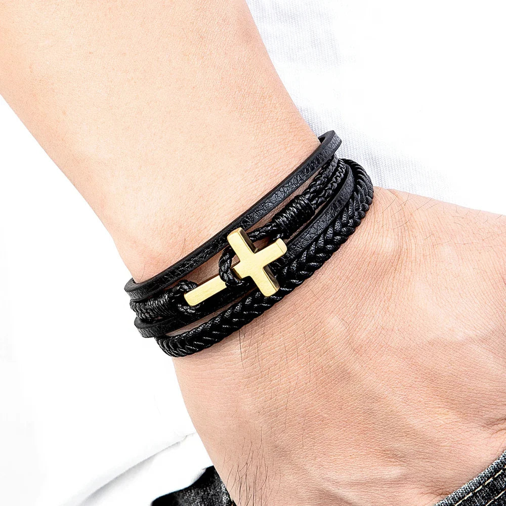 Men¡¯s Braided Leather Cross Bracelet