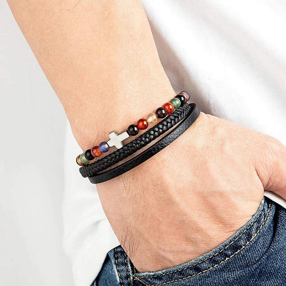 Men¡¯s Leather Beaded Cross Bracelet