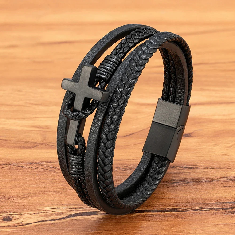Men¡¯s Braided Leather Cross Bracelet