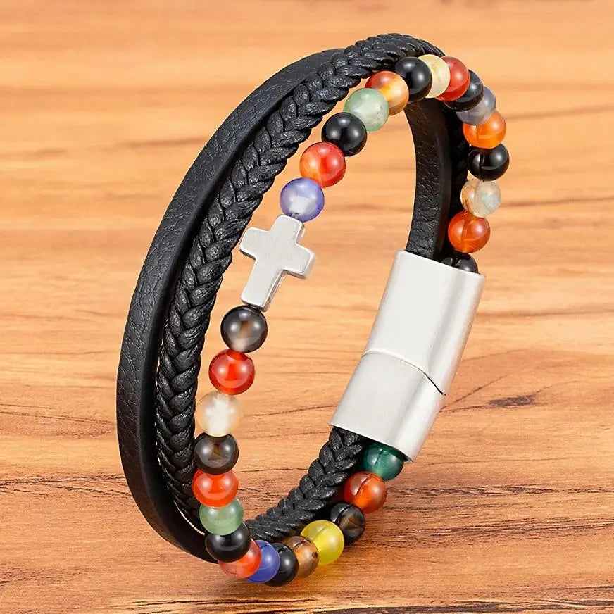 Men¡¯s Leather Beaded Cross Bracelet
