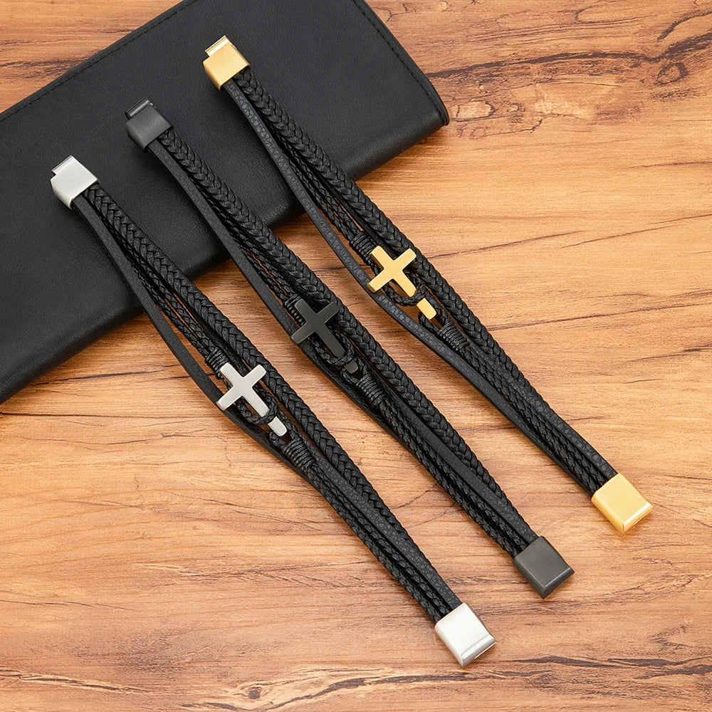 Men¡¯s Braided Leather Cross Bracelet