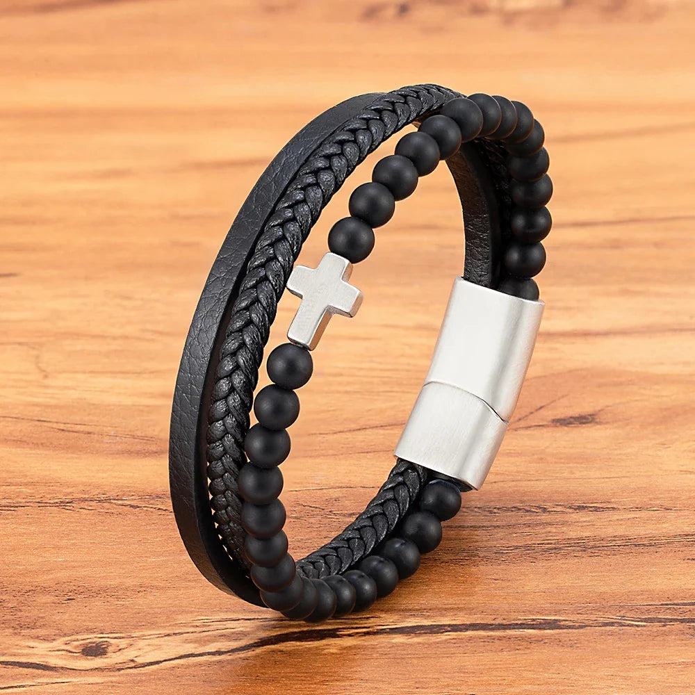 Men¡¯s Leather Beaded Cross Bracelet