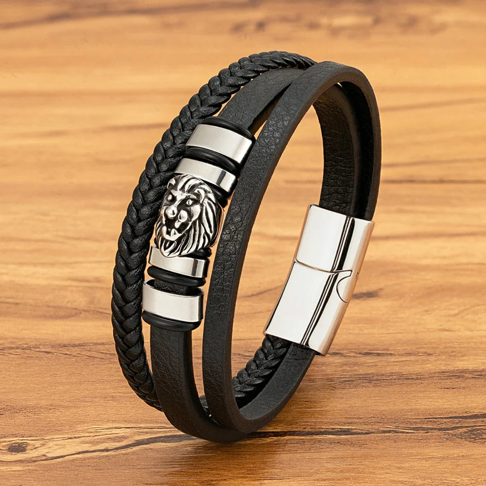 Men¡¯s Braided Leather Lion Bracelet