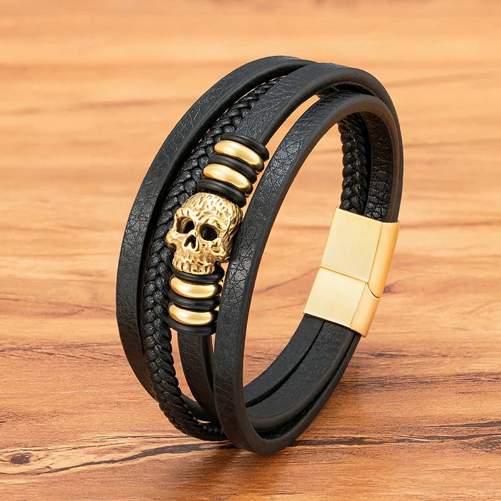 Men¡¯s Skull Leather Braided Bracelet
