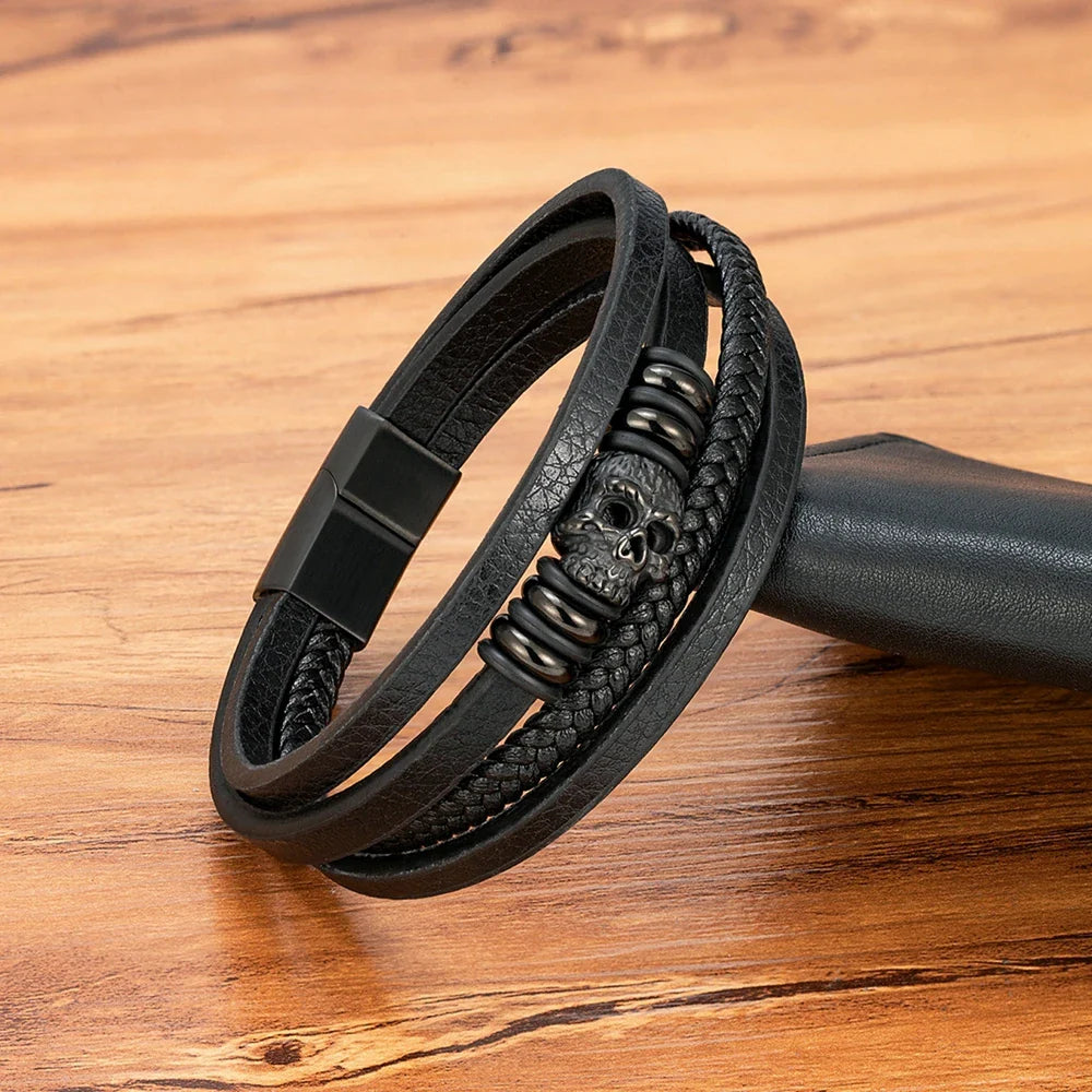Men¡¯s Skull Leather Braided Bracelet