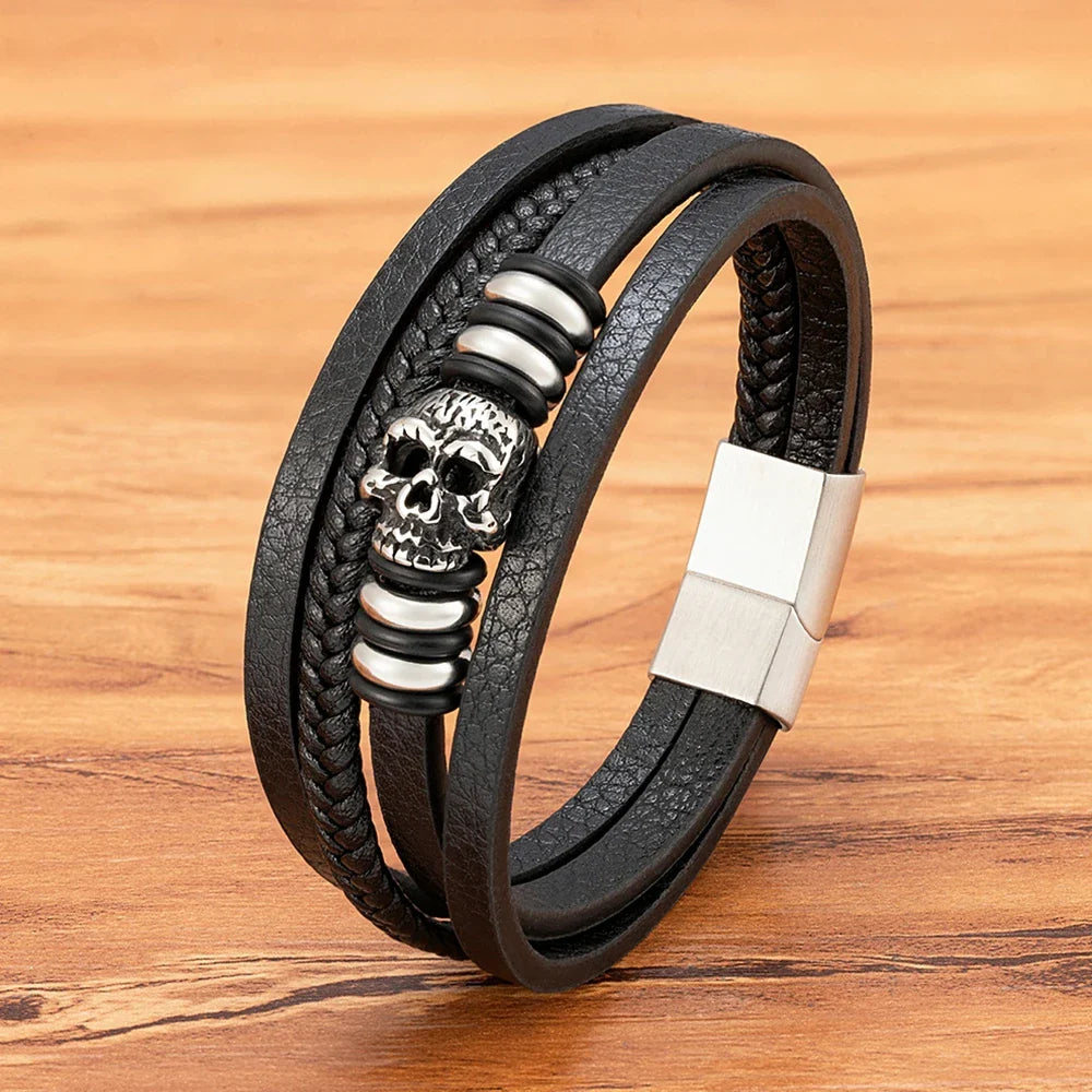 Men¡¯s Skull Leather Braided Bracelet