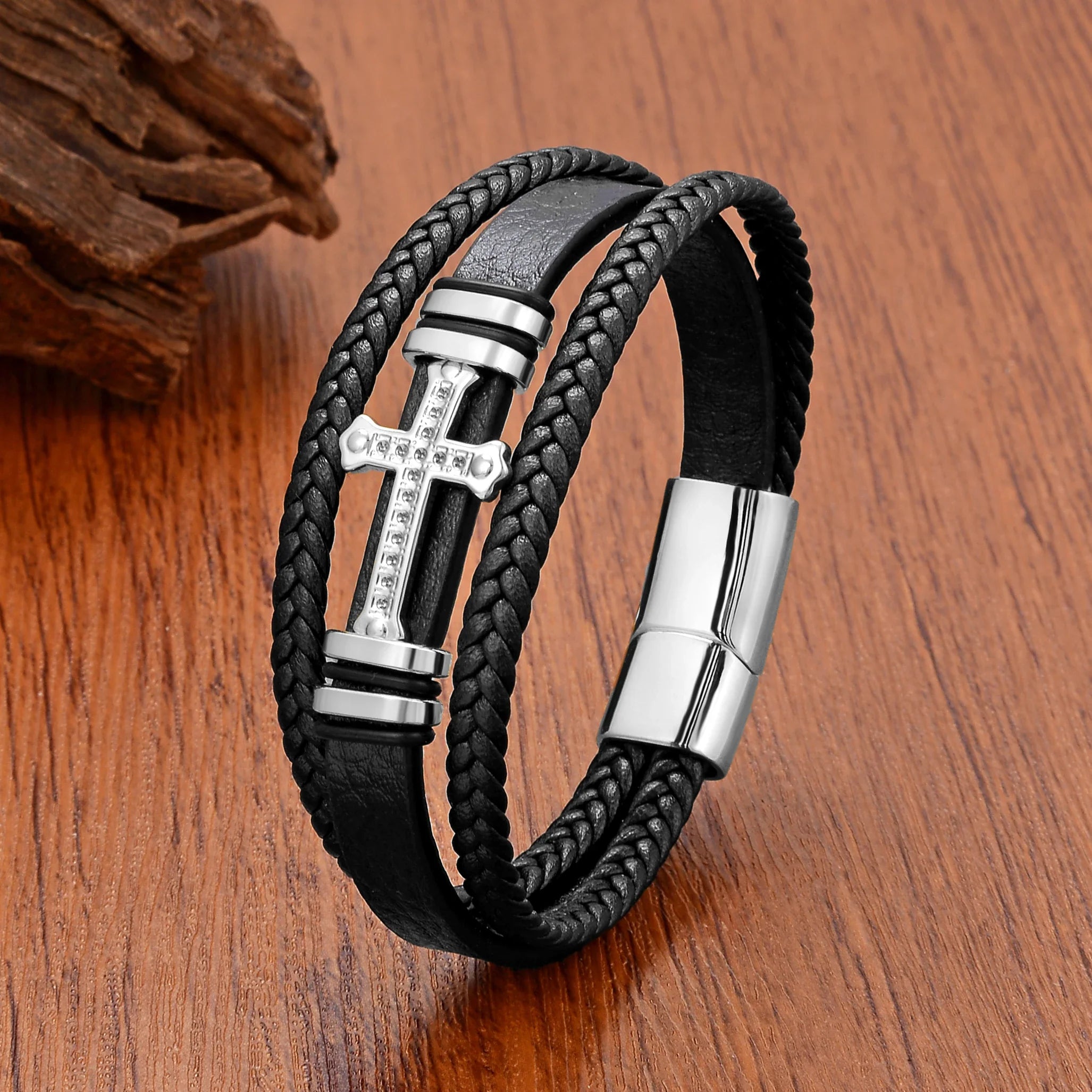 Women¡¯s Braided Leather Cross Bracelet