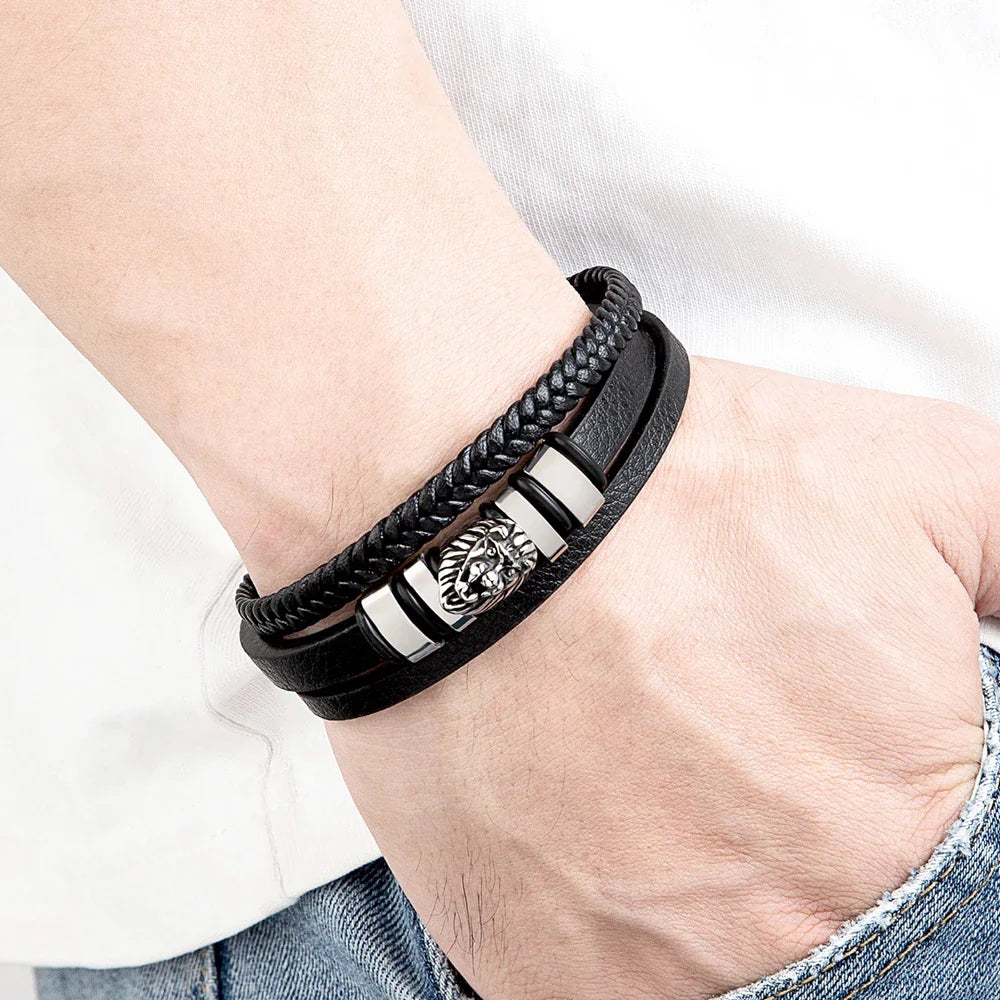 Men¡¯s Braided Leather Lion Bracelet