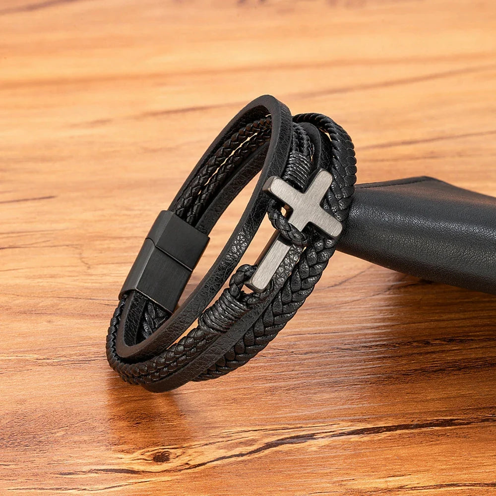Men¡¯s Braided Leather Cross Bracelet