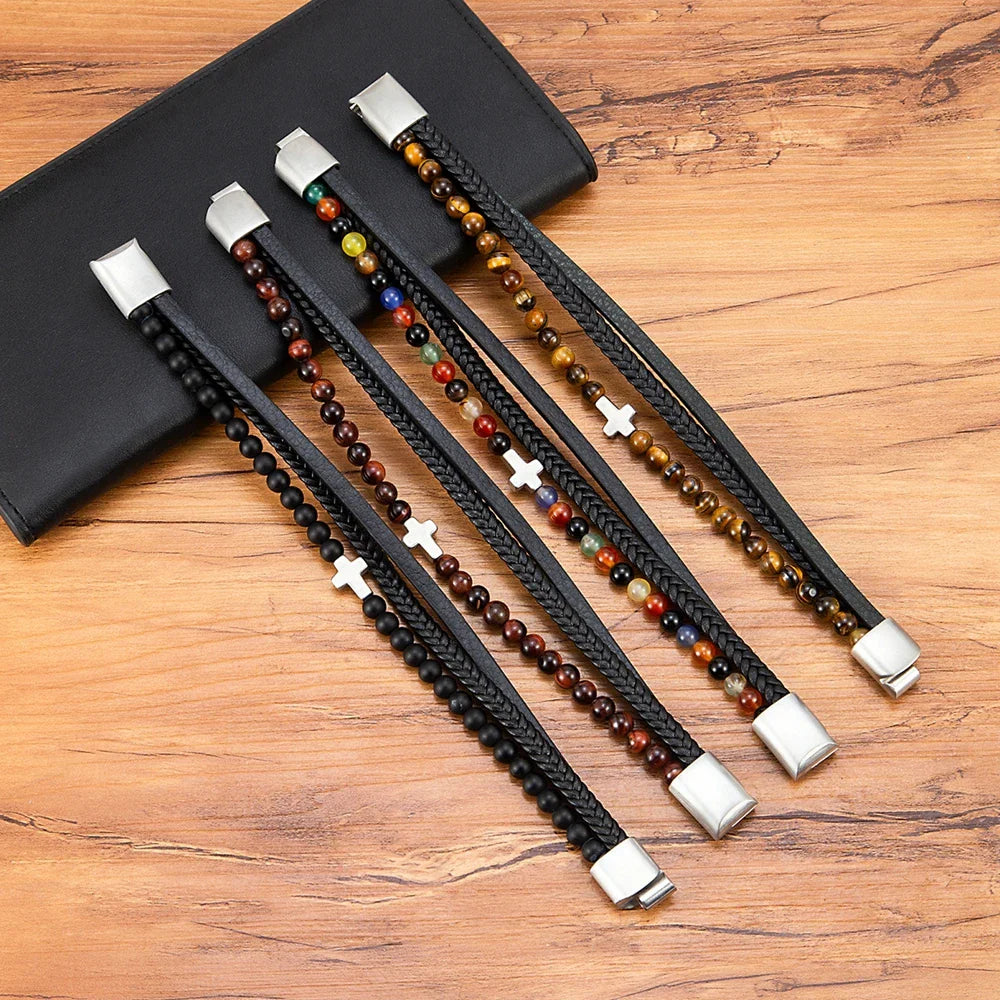 Men¡¯s Leather Beaded Cross Bracelet