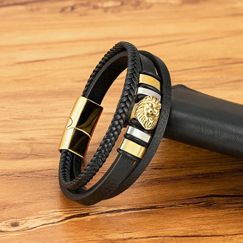 Men¡¯s Braided Leather Lion Bracelet