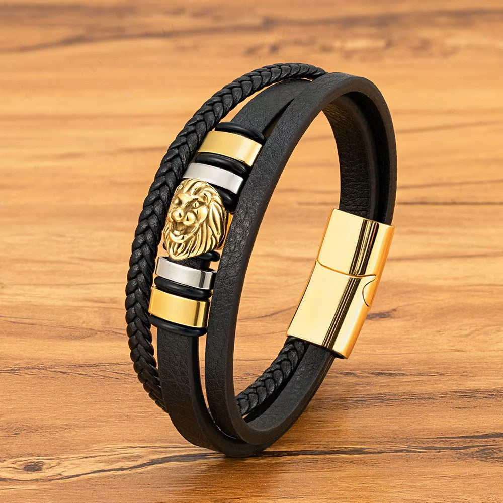 Men¡¯s Braided Leather Lion Bracelet