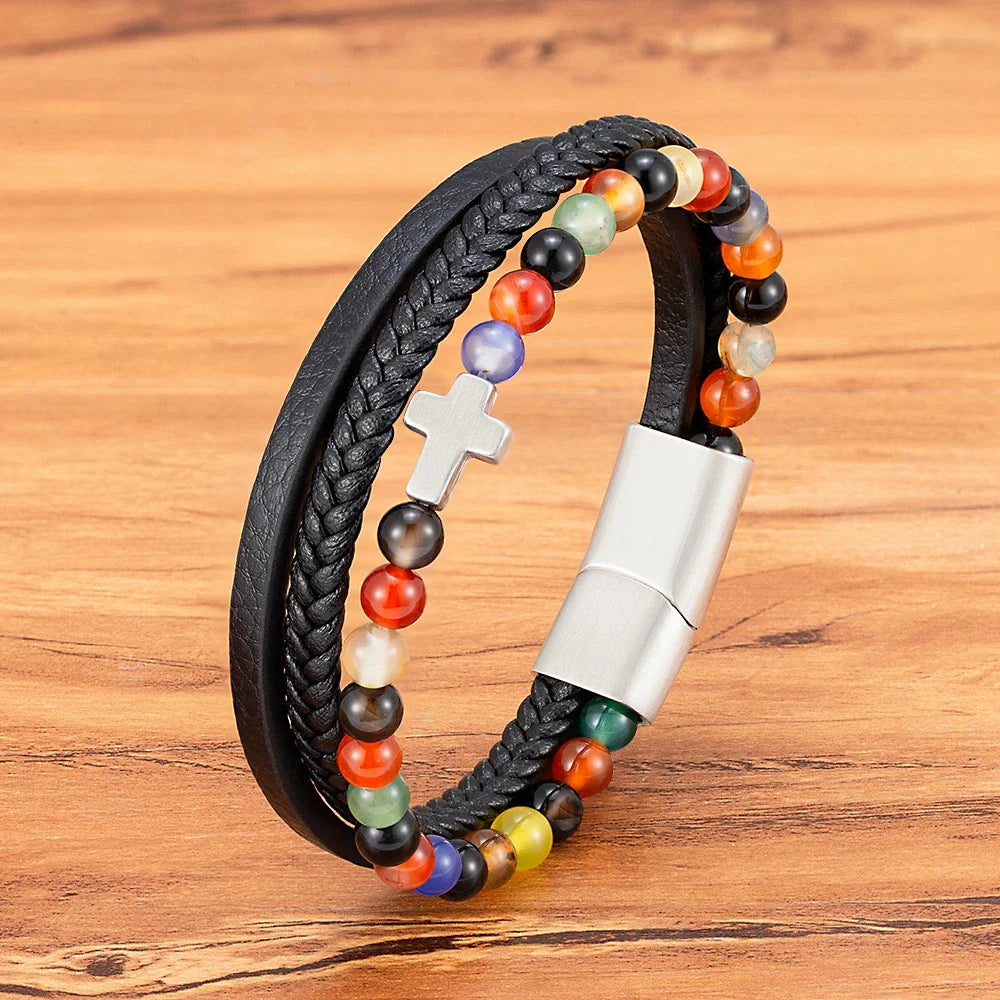 Men¡¯s Leather Beaded Cross Bracelet