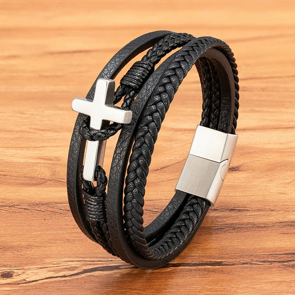 Men¡¯s Braided Leather Cross Bracelet
