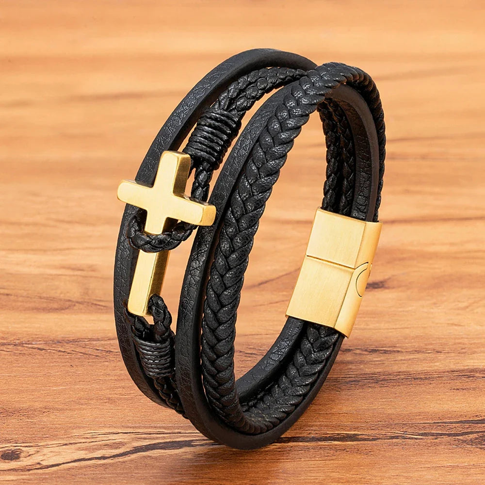 Men¡¯s Braided Leather Cross Bracelet