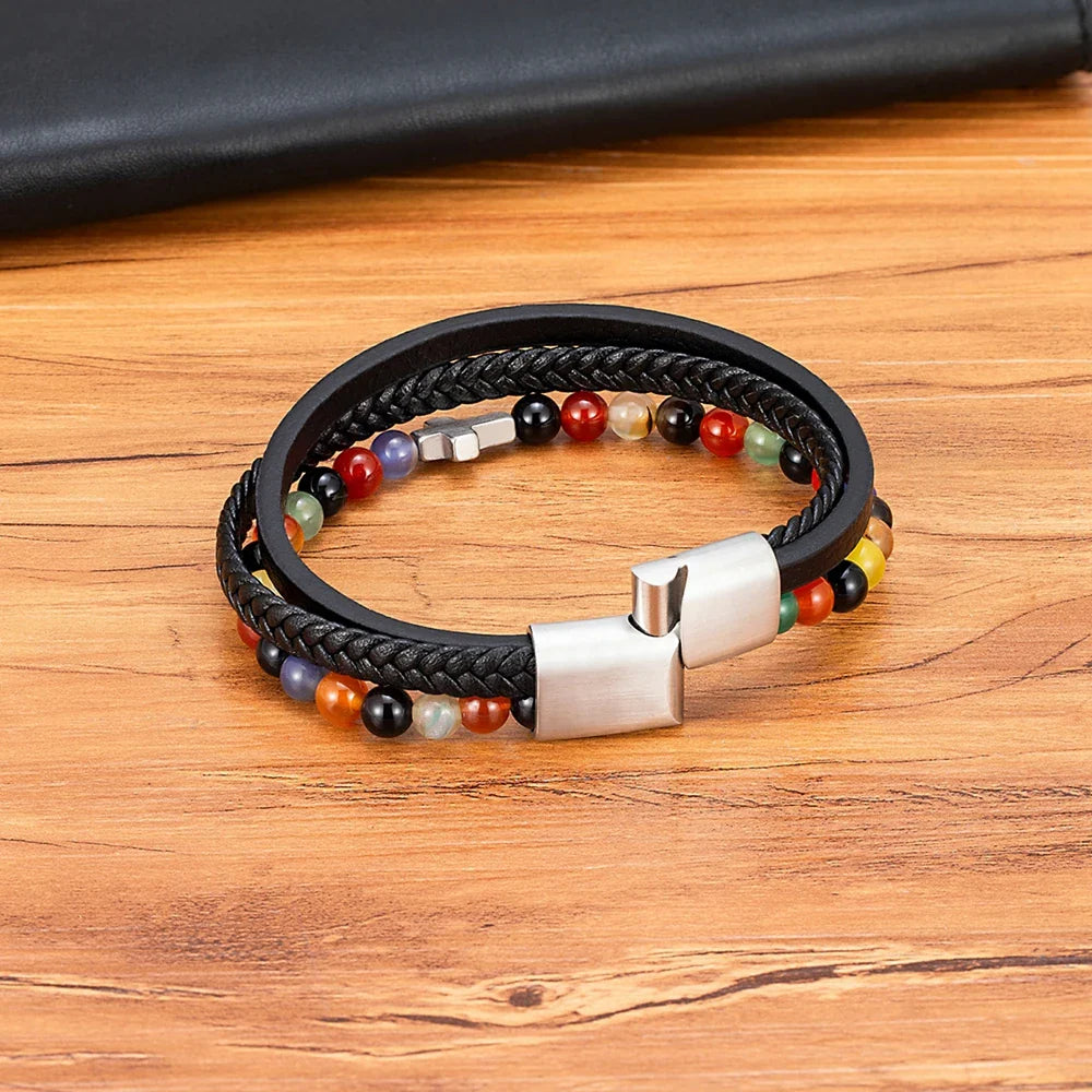 Men¡¯s Leather Beaded Cross Bracelet