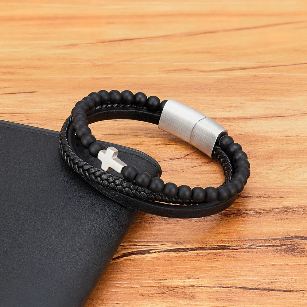 Men¡¯s Leather Beaded Cross Bracelet