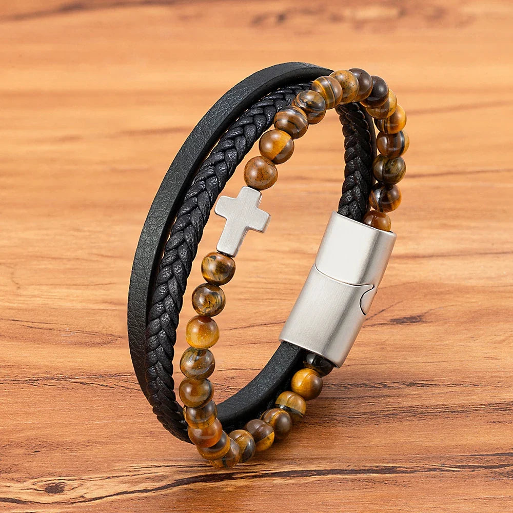 Men¡¯s Leather Beaded Cross Bracelet
