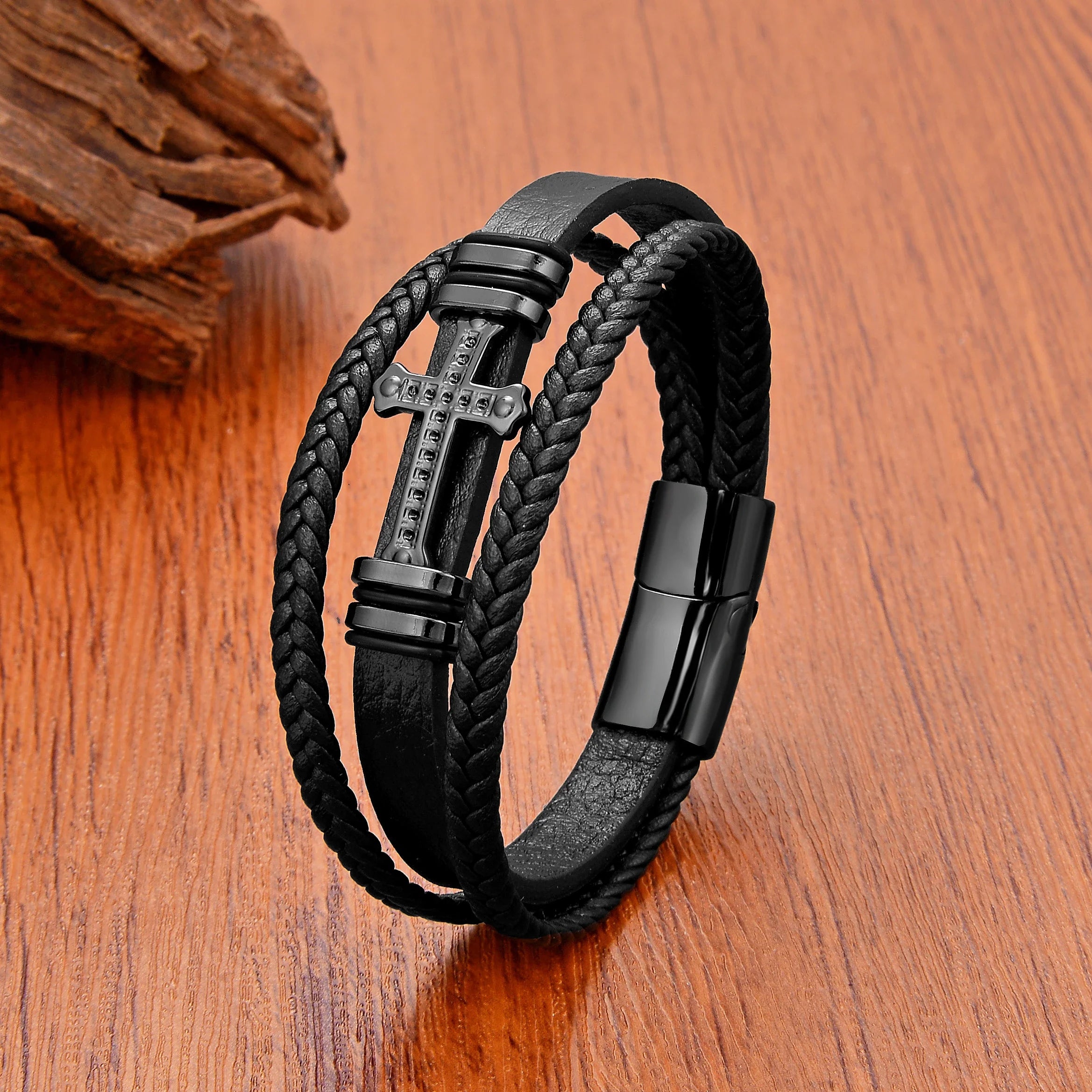 Women¡¯s Braided Leather Cross Bracelet