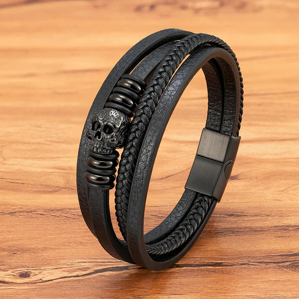 Men¡¯s Skull Leather Braided Bracelet