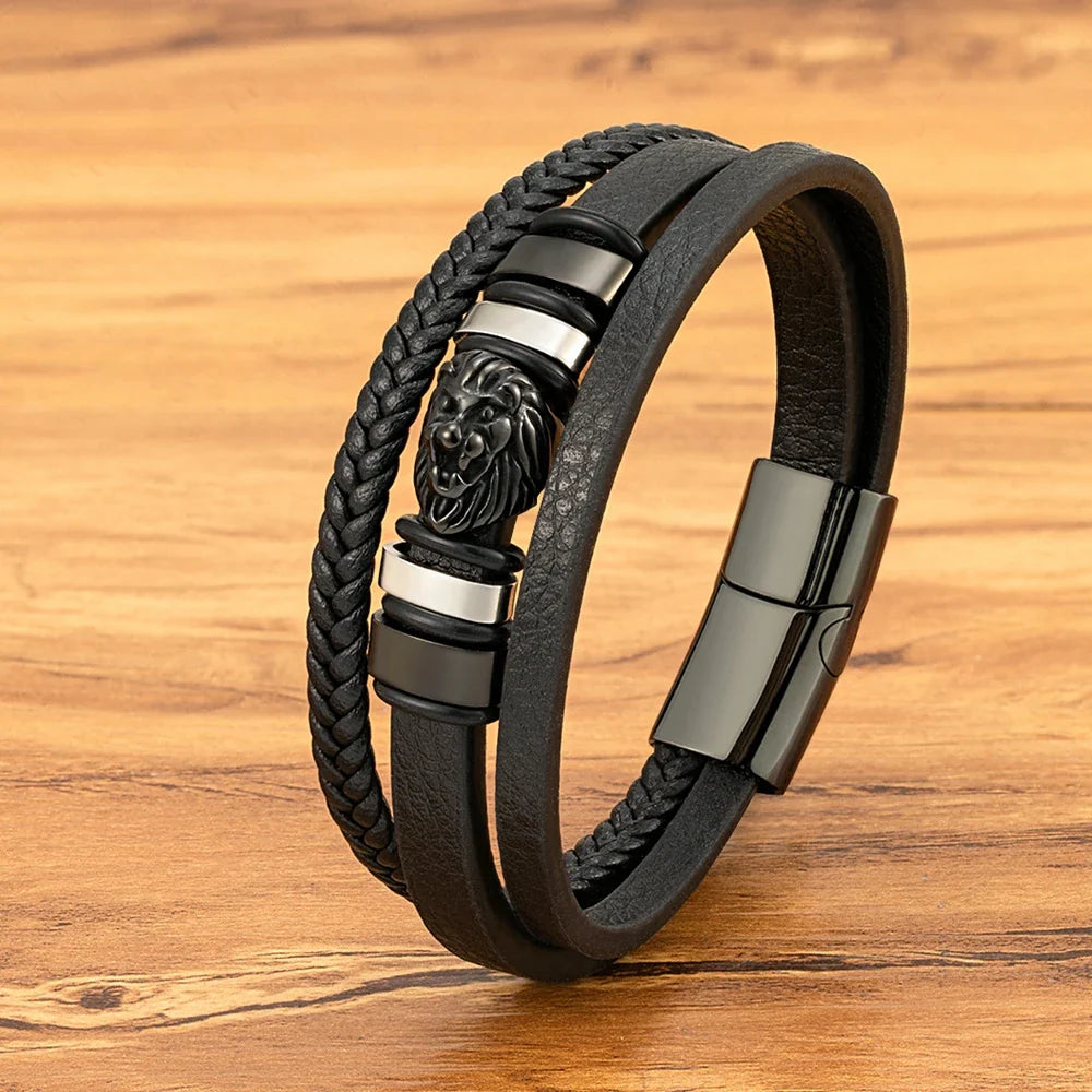 Men¡¯s Braided Leather Lion Bracelet