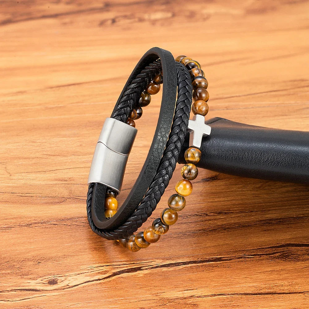 Men¡¯s Leather Beaded Cross Bracelet