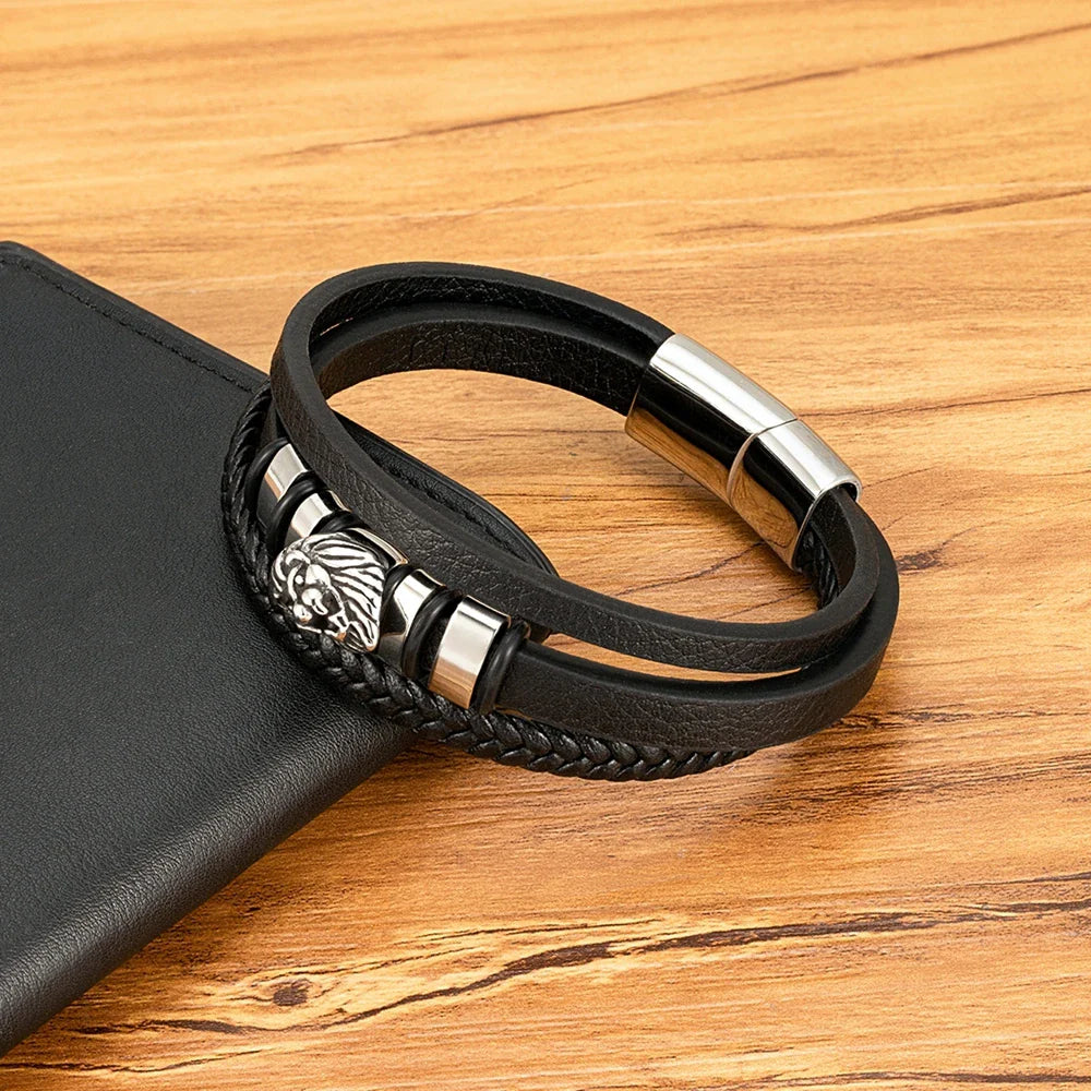 Men¡¯s Braided Leather Lion Bracelet