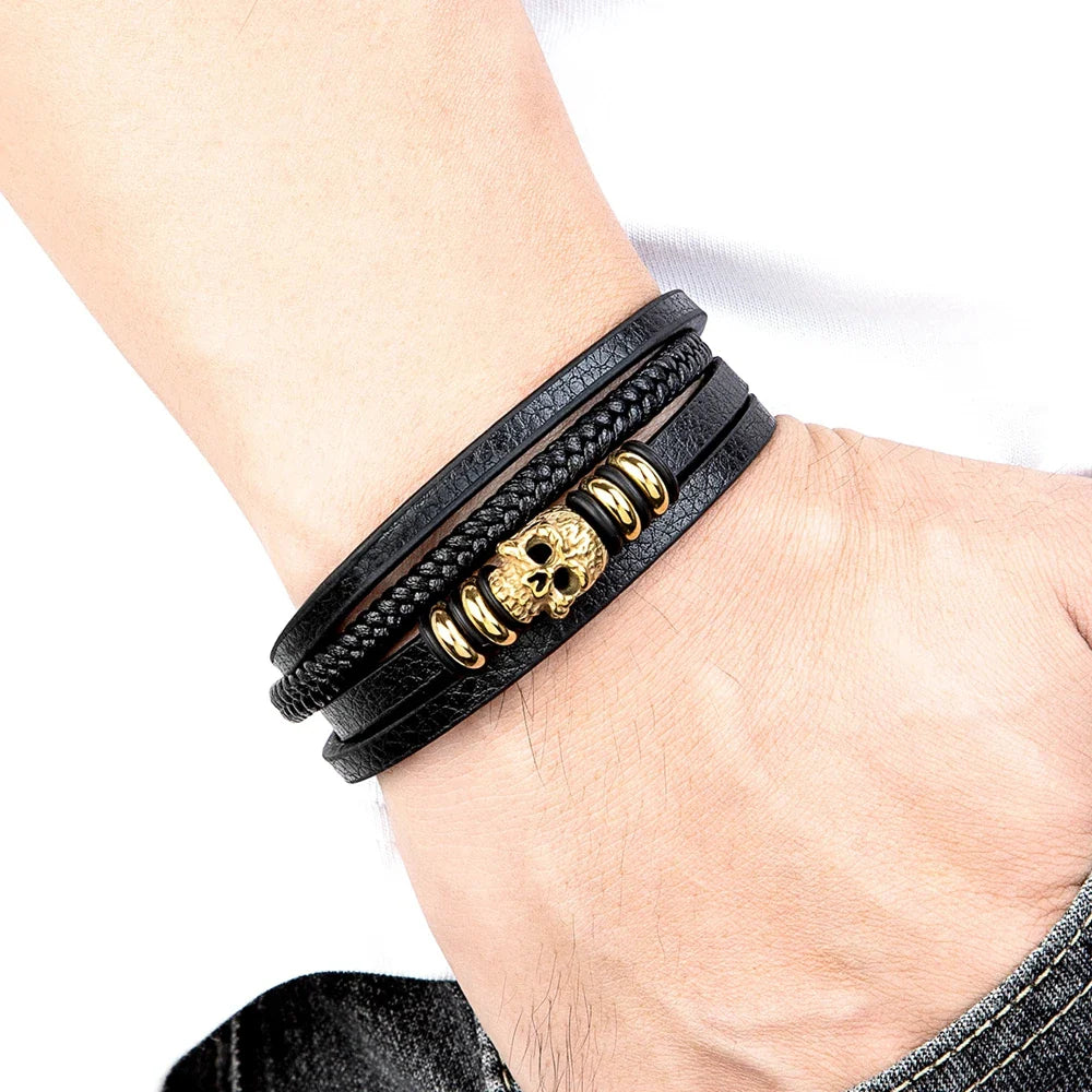 Men¡¯s Skull Leather Braided Bracelet