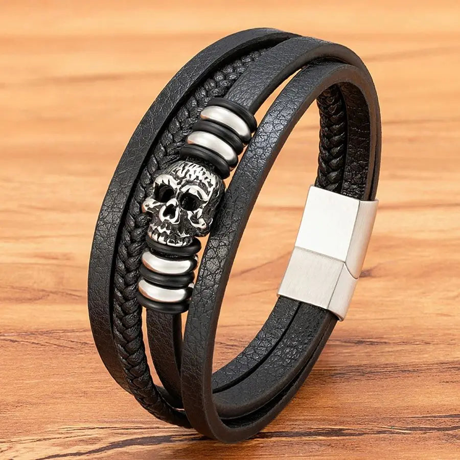 Men¡¯s Skull Leather Braided Bracelet