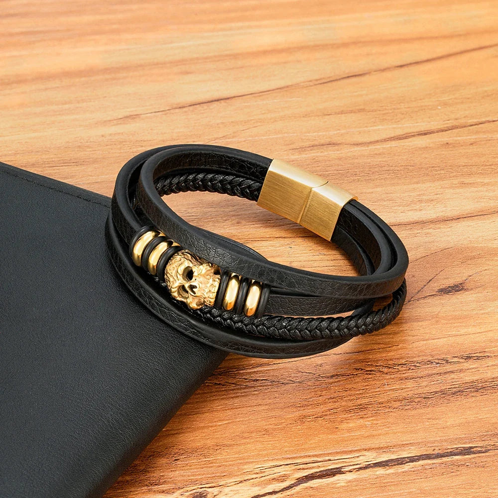 Men¡¯s Skull Leather Braided Bracelet