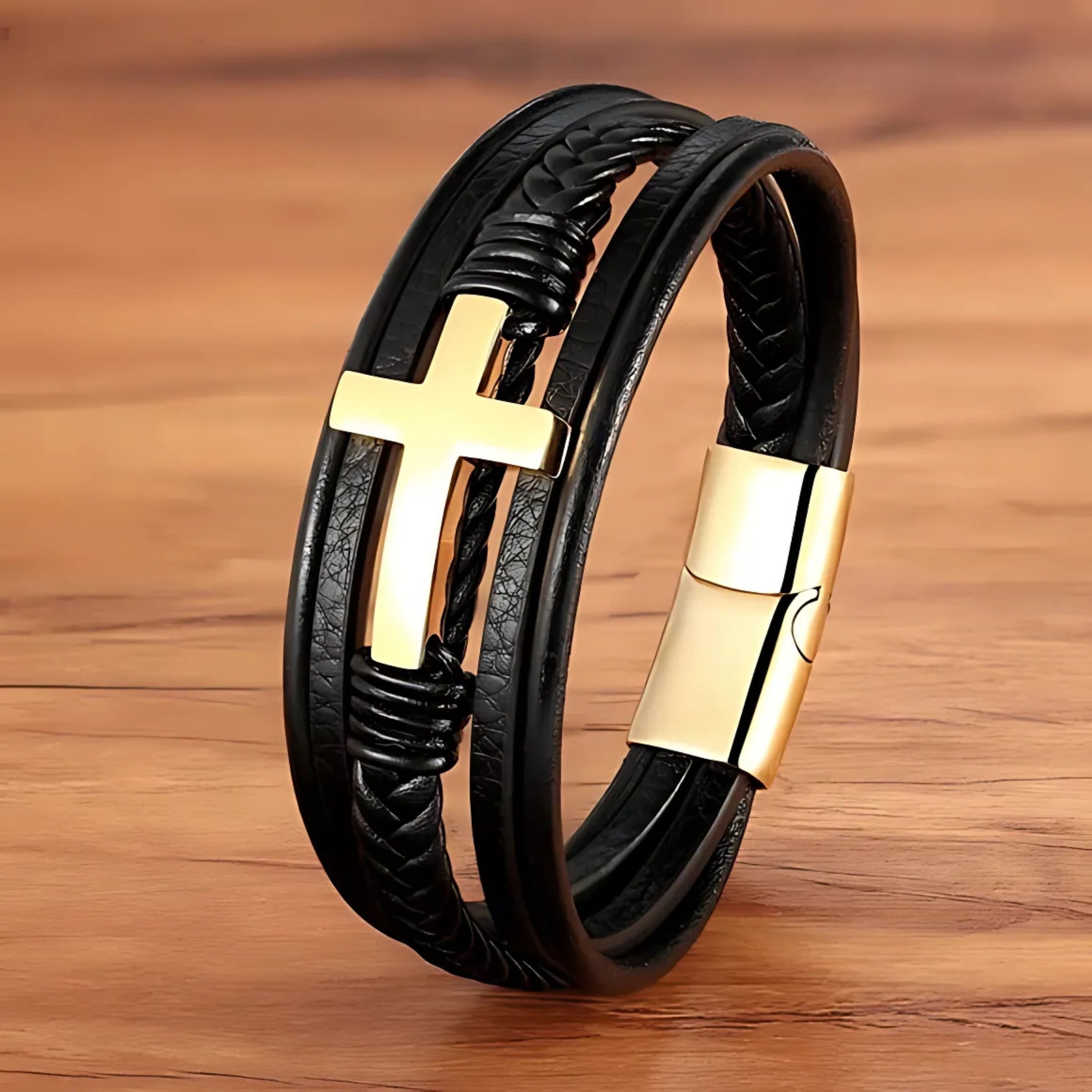 Men¡¯s Woven Leather Cross Bracelet