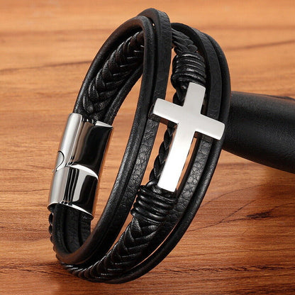 Faith Over Fear Cross Bracelet for Men, Braided Genuine Leather Christian Bracelet, Inspirational Religious Gift for Husband, Dad, Boyfriend
