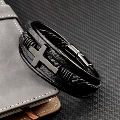 Faith Over Fear Cross Bracelet for Men, Braided Genuine Leather Christian Bracelet, Inspirational Religious Gift for Husband, Dad, Boyfriend