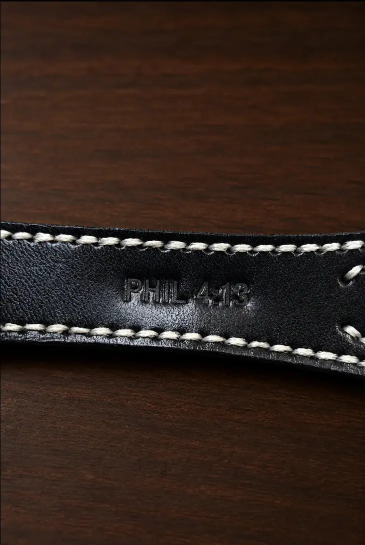 PHIL 4:13 stamped into the OROCUFF shield leather bracelet
